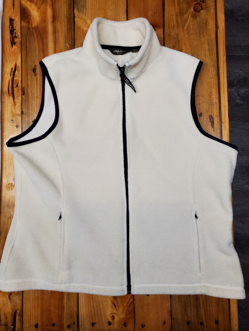 Eddie Bauer Womens Fleece Vest Full Zip Ivory Polartec Outdoor Preppy Cozy